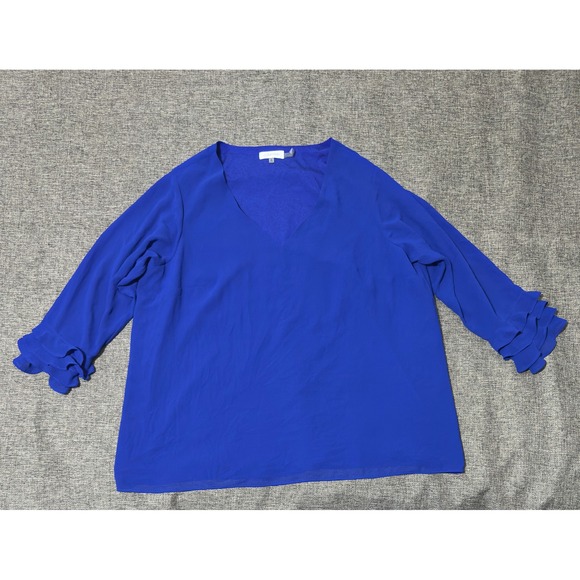 Calvin Klein Tops - Calvin Klein Women's 0X Blouse Blue Ruffle Sleeve V-Neck W9LAI505
